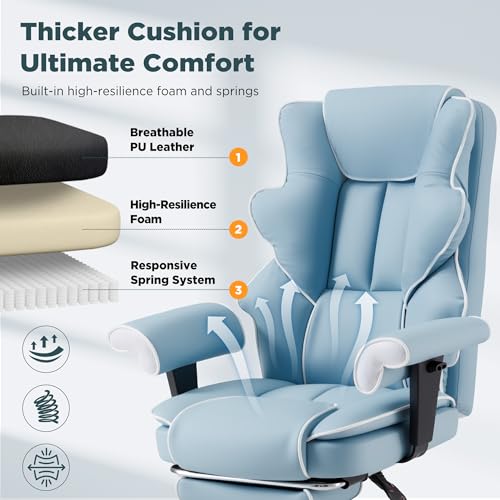 Ergonomic Executive Office Chair with 6-Point Vibration & Heat - Reclining Managerial Chair with Adjustable Footrest and Armrests,Big and Tall Leather Home Office Desk Chairs(Airy Blue) - color: Airy Blue