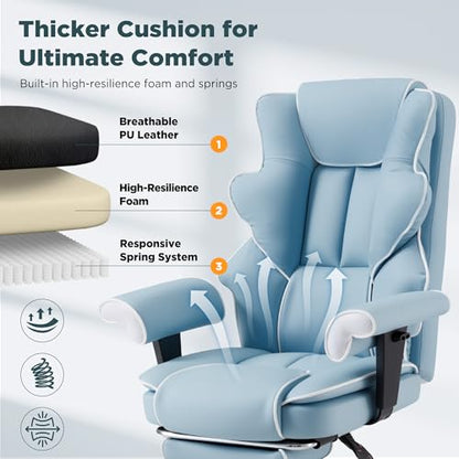 Ergonomic Executive Office Chair with 6-Point Vibration & Heat - Reclining Managerial Chair with Adjustable Footrest and Armrests,Big and Tall Leather Home Office Desk Chairs(Airy Blue) - color: Airy Blue