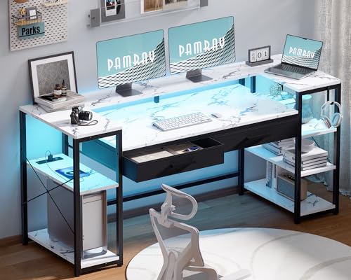 Pamray 58 Inch Gaming Computer Desk with Monitor Stand Drawers and Shelves | Ample Storage， Large Table with LED Lights & Power Outlets & USB Ports, Sturdy, Suitable for Gaming Home Office Work Study - color: Marble