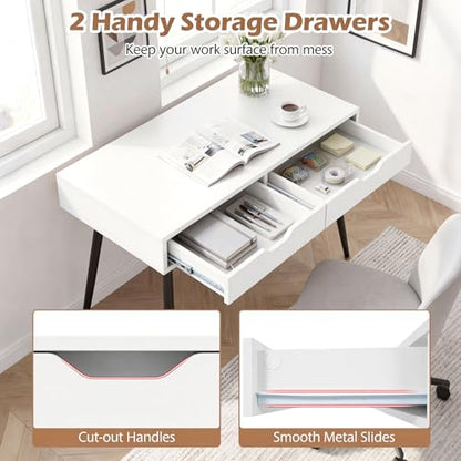 Tangkula White Writing Desk w/2 Storage Drawers, Modern Computer Desk with 4 Rubber Wood Legs, Versatile Small Study Desk for Home Office School, Vanity Table for Bedroom