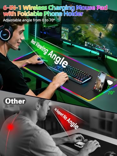 Mouse Pad with Foldable Phone Holder & Wireless Charger, XXL RGB Gaming Mousepad 31.5"x15.8" Large Desk Mat for Keyboard, Black Desk Pad with Dual Qi Charging Station | 11 Colors 5 Modes | Waterproof - color: 31.5x15.75"Phone Stand-Black Right w/PD Upgrad