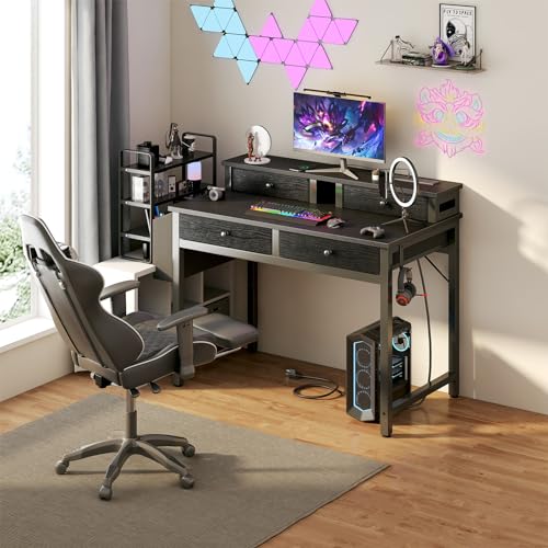 Lufeiya Small Desk with Drawers for Home Office Bedroom, 31 inch Black Writing Study Desks with Fabric Drawers Storage, Gaming Desk Table with Power Outlet & Monitor Stand, Black - color: Black