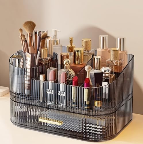 Makeup Organizer with Drawers, 360° Rotating Brush Holder | 2-Tier, Cosmetic storage for vanity, skincare, perfume, hair accessories, lipstick and jewelry, Transparent Gray - color: Transparent Gray, size: 2-layer