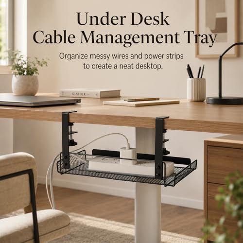 Under Desk Cable Management Tray, No Drill Under Desk Shelf | Black Metal Mesh Wire Organizer with Clamp for 0.4-1.8 in Table for Power Strips and Cord Storage in Home Office