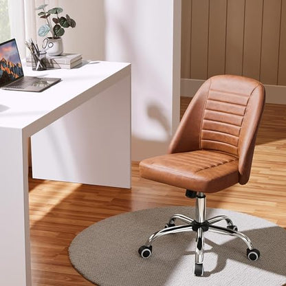 Yaheetech Retro Brown Faux Leather Armless Swivel Rolling Vanity Desk Chair | Compact faux leather seat fits small vanity, sewing or office desks; adjustable height, swivels on smooth wheels, fast setup. - color: Retro Brown