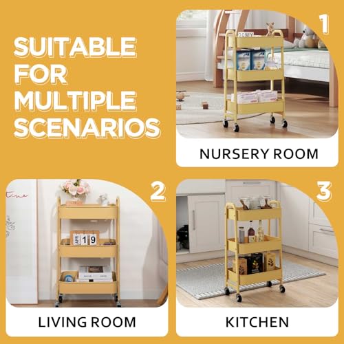 AGTEK 3 Tier Rolling Cart with Lockable Wheels, Metal Utility Cart, Multifunctional Storage for Kitchen, Office, Living Room, Makeup, Craft, Art Studio, Khaki - color: Khaki