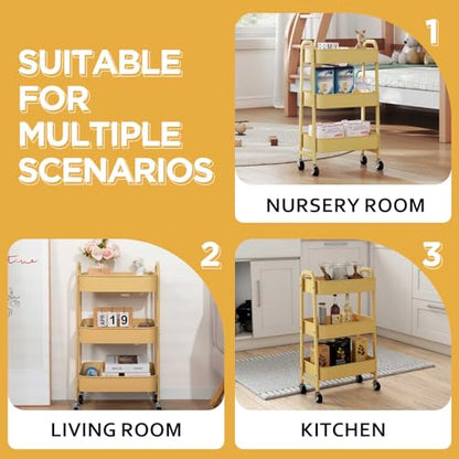 AGTEK 3 Tier Rolling Cart with Lockable Wheels, Metal Utility Cart, Multifunctional Storage for Kitchen, Office, Living Room, Makeup, Craft, Art Studio, Khaki - color: Khaki