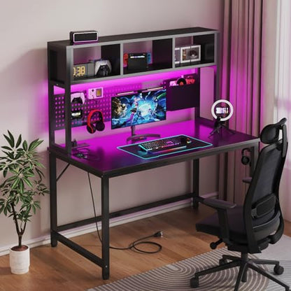DLisiting Black Gaming Desk with Hutch and Pegboard - 47 Inch Gaming Desk with Shelves Storage Power Outlets, Computer Teen Work Study Writing Desks for Bedroom Home Office - color: Black