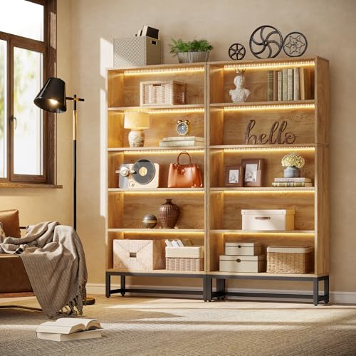 Tribesigns Tall Bookcase and Bookshelf, 70.8" Large Bookcases Organizer with LED Lights, Heavy Duty Free-Standing Library Bookshelf with 5-Tier Storage Shelves for Living Room, Bedroom (Brown) - color: Brown