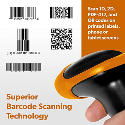 AMBIR BR200 Wireless/USB Barcode Scanner: Supports-1D,2D,PDF417, & QR barcodes. OS: Win, Mac, Linux, Android-Black/Orange - color: Black