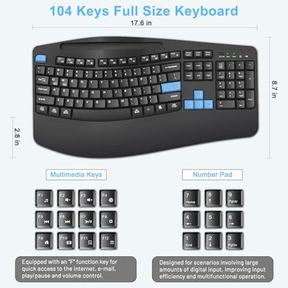 Wireless Keyboard and Mouse Combo, Full Size Ergonomic Wave Keys(Blue) - color: Blue Black
