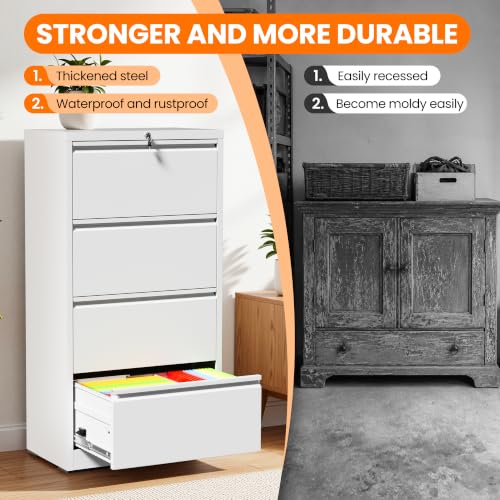 4 Drawer Lateral File Cabinet with Lock,White Metal Filing Cabinet - color: White, size: 26.8"W-4 drawers