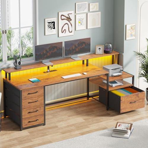 SEDETA 66'' Computer Desk with 5 Drawer, Power Outlet for Home Office - color: Rustic Brown With Led Lights, size: 67X18.5inch