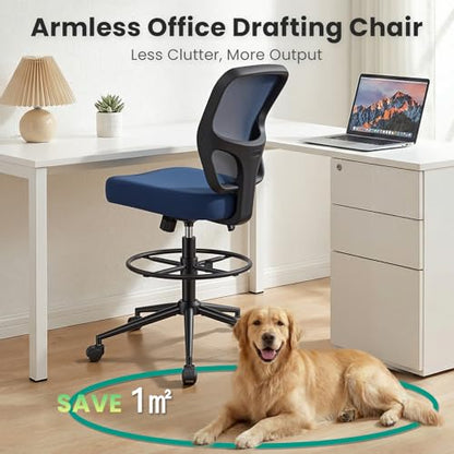 Armless Drafting Chair Tall Office Chair for Standing Desk - Adjustable Height Mesh Ergonomic Stool with Foot Ring, Rolling Counter Height Computer Chair for Small Spaces & Home Office - color: Navy