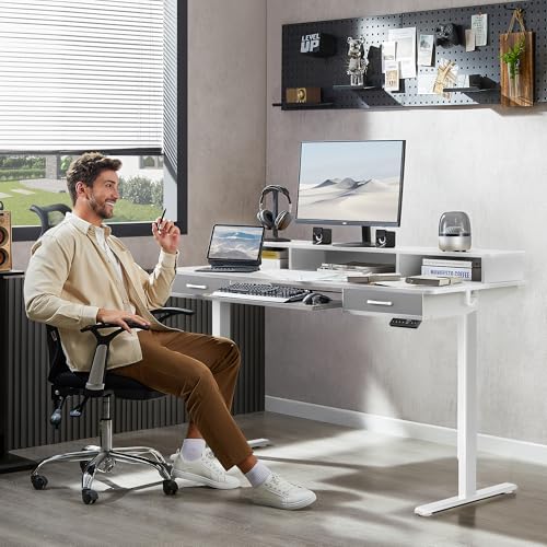 WALKINGDESK 63 Inches Electric Standing Desk with Keyboard Tray, Height Adjustable Sit to Stand Table with 2 Drawers, Ergonomic Home Office Desk with Storage Shelf, Computer Table, White - color: White, size: 63x24