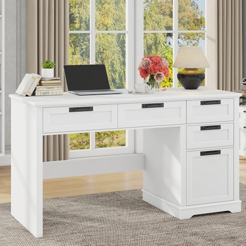 Halitaa 55" Farmhouse Home Office Desk with File Drawer, Executive Computer Desk with 4 Storage Drawers, Rustic Computer Desk for Working, Studying, Writing（White