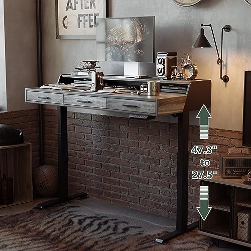 FEZIBO Electric Standing Desk 55x26 Inches with 3 Wood Drawers and Monitor Shelf, Height Adjustable Computer Desk, Ergonomic Rising Home Office Desks, Sit Stand Up Workstation Table, Rustic Grey