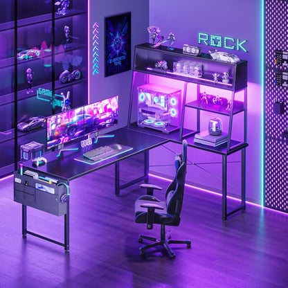 AODK 59 Inch L Shaped Gaming Desk with Display Shelves, LED Lights, Black - size: 59 Inch