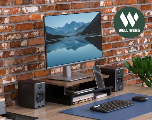 16.5” Bamboo Monitor Stand with Phone & Tablet Holder Desk Shelf - color: Black, size: 16.5 inch