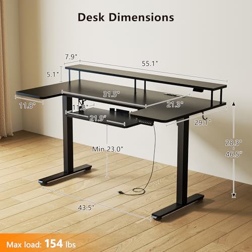 OffiGo 55 Inch U Shaped Electric Standing Desk with Keyboard Tray, Black - color: Black, size: 55 Inch