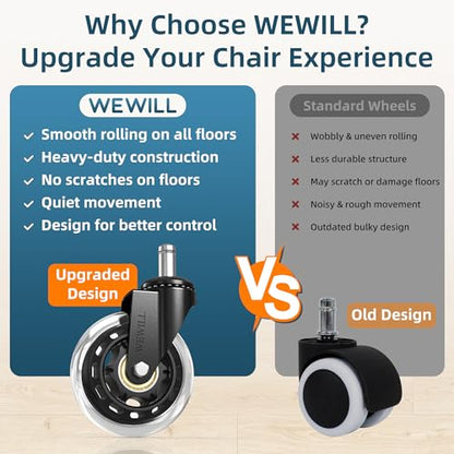 WEWILL Office Chair Wheels - Rubber Casters Replacement Universal Fit 98% Chair(Set of 5) Heavy Duty 3 Inch Smoothly & Quietly Safe for All Floor, Hardwood, Tile, Carpet, Noise Free - Clear - color: Clear