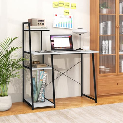 MAT EXPERT Computer Desk with Ladder Shaped Shelves, Compact Home Office Desk w/Monitor Stand & Adjustable Foot Pads, Modern Writing Study Desk PC Laptop Workstation for Home Office (White) - color: White