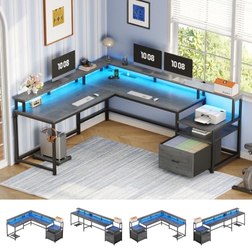 SEDETA 66" Reversible L Shaped Computer Desk with Power Outlet, File Drawer | Home Office Desk with Monitor Shelf, Storage Shelves, LED Lights for Corner Small Spaces, Gaming, Grey - color: Grey