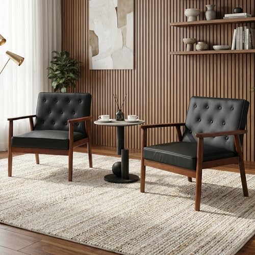 Black Accent Chairs Set of 2, Faux Leather Chairs with Solid Wood Armrest | JIASTING, Mid-Century Modern, Tufted Backrest, Living Room, Waiting Room, Office