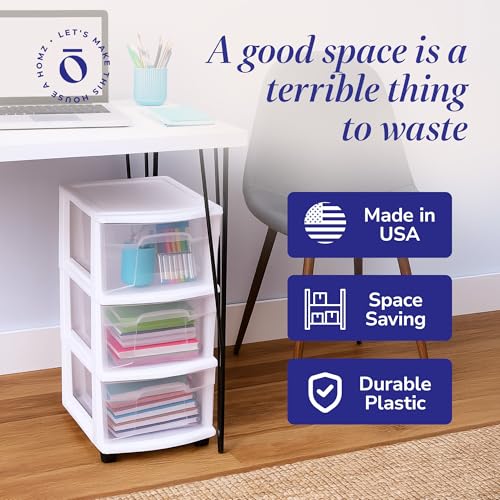 HOMZ Drawer Tower, 3-Tier Storage Cart with Removable Wheels, White Frame - color: White, size: 1 Pack