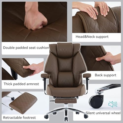 EXCEBET Big and Tall Office Chair with Footrest, PU Leather High Back Executive Office Chair 400lbs, Ergonomic Computer Chairs Lumbar Support for Heavy People (Brown) - color: Dark Brown