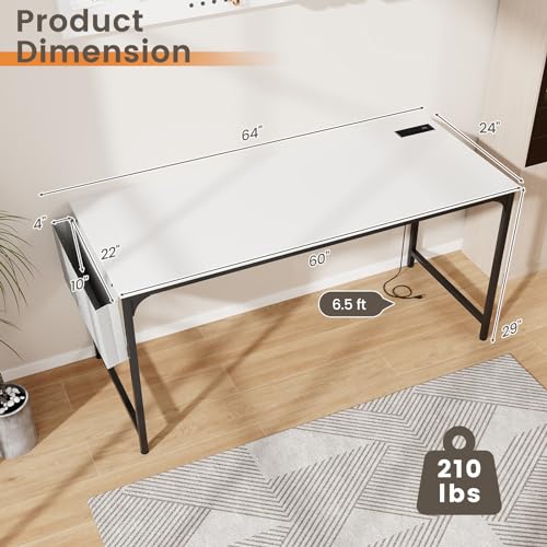 COSTWAY Home Office Desk, 32 Inch Computer Desk with Recessed Power Strip, Storage Bag & Headphone Hook, Wide Desktop, Modern Computer Workstation Writing Table for Home, Office (White + Black) - color: White + Black