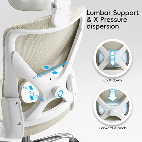 Ergonomic Office Chair:Home Office Desk Chairs with Headrest Lumbar Support | Ergalithic Ergonomic Desk Chair X-Shaped Mesh PU Leather Executive Computer Chair High Back Flip-Up Arms for Long Hour - color: Beige