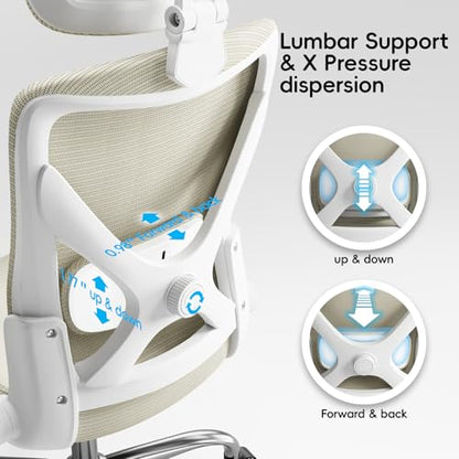 Ergonomic Office Chair:Home Office Desk Chairs with Headrest Lumbar Support | Ergalithic Ergonomic Desk Chair X-Shaped Mesh PU Leather Executive Computer Chair High Back Flip-Up Arms for Long Hour - color: Beige