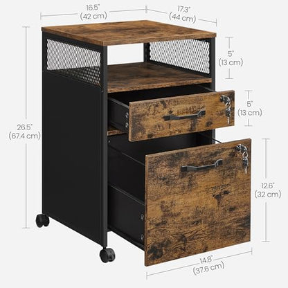 VASAGLE 2 Drawer File Cabinet with Lock, Rolling Printer Stand - color: Rustic Brown + Ink Black, style: with Lock and Fences