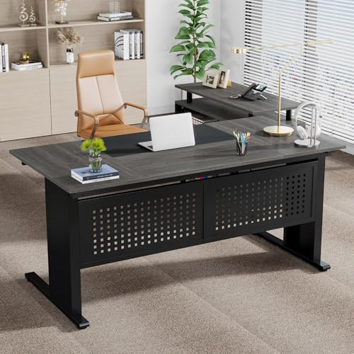 Tribesigns 63 Inch Executive Desk with File Cabinet, Large Office Desk | L Shaped Desk with File Drawer, Computer Table Desk with Storage, Large Desk for Home Office, Easy Assembly, Gray and Black - color: Gray and Black