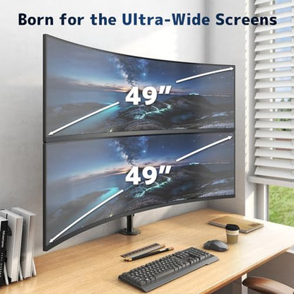 Dual Ultrawide Monitor Mount for 17-49'' Screens | Vertically Stacked, Heavy Duty, Height Adjustable, Tilt, Swivel, Rotate, Max Load 44 lbs per Arm, Vesa 75/100 mm, Black