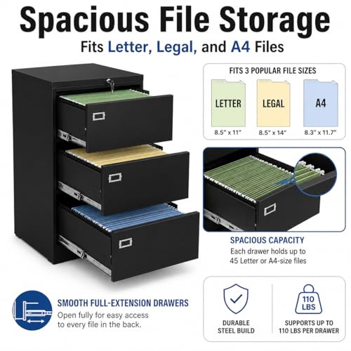 40 Inch 3 Drawer Metal Filing Cabinet, Black Office Storage Cabinet with 0.6mm Cold Rolled Steel, Business Card Label Slot, Vertical Metal File Cabinet for Office Home Workspace - size: 40in 3drawers