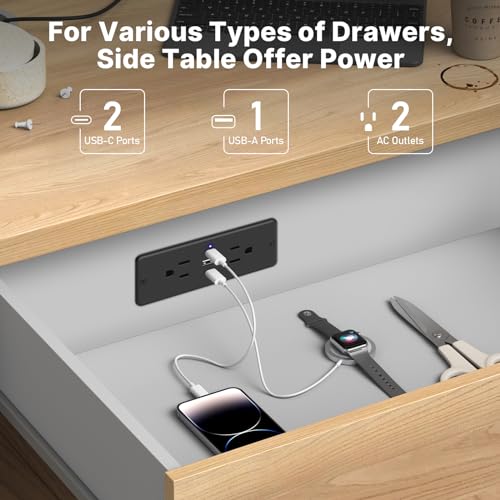 CCCEI Recessed Power Strip with Outlet and USB C Ports, Furniture Flush Mount Power Strip, Small Desk Hidden Outlet for Conference Table, Nightstand, Black, 10FT. - size: 10FT, style: 20W_USB-C