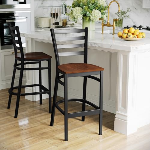 Flash Furniture HERCULES Series Black Ladder Back Metal Restaurant Barstool - Cherry Wood Seat - color: Cherry Wood Seat/Black Metal Frame, size: Set of 1