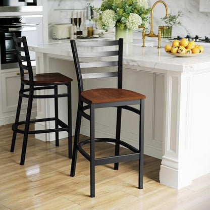 Flash Furniture HERCULES Series Black Ladder Back Metal Restaurant Barstool - Cherry Wood Seat - color: Cherry Wood Seat/Black Metal Frame, size: Set of 1