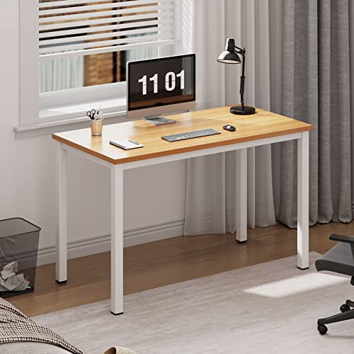 Need Small Teak Computer Desk, 39.4 Inch Sturdy Writing Desk, Compact | White Metal Frame, Teens Study Table, Home Office Desk, Adjustable Feet, Water-Resistant, Dorms & Bedrooms, Easy Assembly - color: Teak & White, size: 39.4 inches