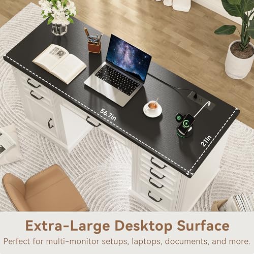 Jocoevol Farmhouse 57" Executive Desk with 7 Drawers, Home Office Desk with File Cabinet Storage, Computer Desk with Charging Station and Headphone Hook for Work, Study, Writing, White