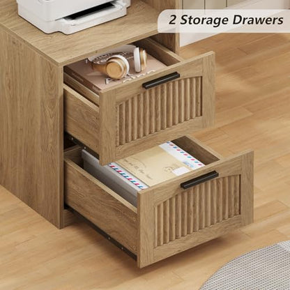 63" Fluted L Shaped Desk with Drawers & Printer Shelf for Home Office - color: Oak