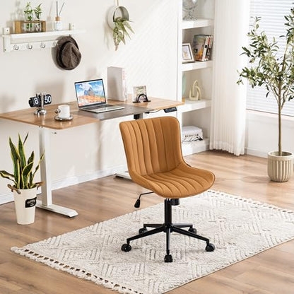 YOUNIKE Office Desk Chair with Wheels Armless Vanity Chair Modern Tan | Faux Leather Upholstered with Rocking Back, Swivel Height Adjustable Small Cute Computer Rolling Task Chair Ergonomic 300lb - color: Tan, size: Base Black