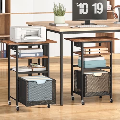 HOOBRO Printer Stand with Hanging File Drawer, Rolling Printer Cart on Wheels, Mobile Filing Cabinet Storage Shelf, Home Office Desk Side Organizer, Rustic Brown and Black BF17UPS01 - color: Rustic Brown + Black