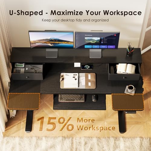OffiGo 55 Inch U Shape Standing Desk with Keyboard Tray & Drawers, Black - color: Black With Drawers, size: 55 Inch