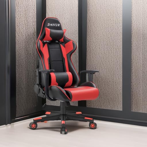 Homall Gaming Chair, Office Chair High Back Computer Chair Leather Desk Chair Racing Executive Ergonomic Adjustable Swivel Task Chair with Headrest and Lumbar Support (Red) - color: Red