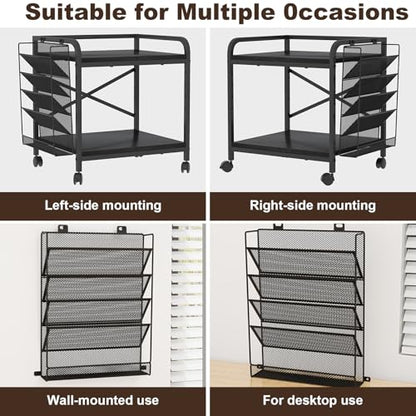 Large Printer Stand with File Holder & Rolling Wheels, Black - color: Black, size: Large