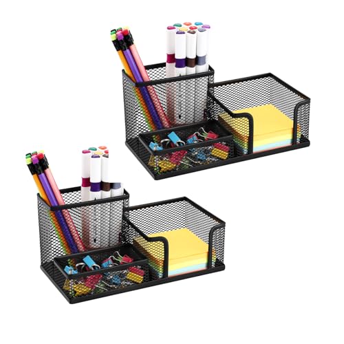 2-Piece Desk Pen & Pencil Organizer - Mesh Metal Pen Cup with Sticky Notes Holder, Black | Pen Cup - style: Square