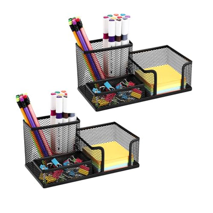 2-Piece Desk Pen & Pencil Organizer - Mesh Metal Pen Cup with Sticky Notes Holder, Black | Pen Cup - style: Square